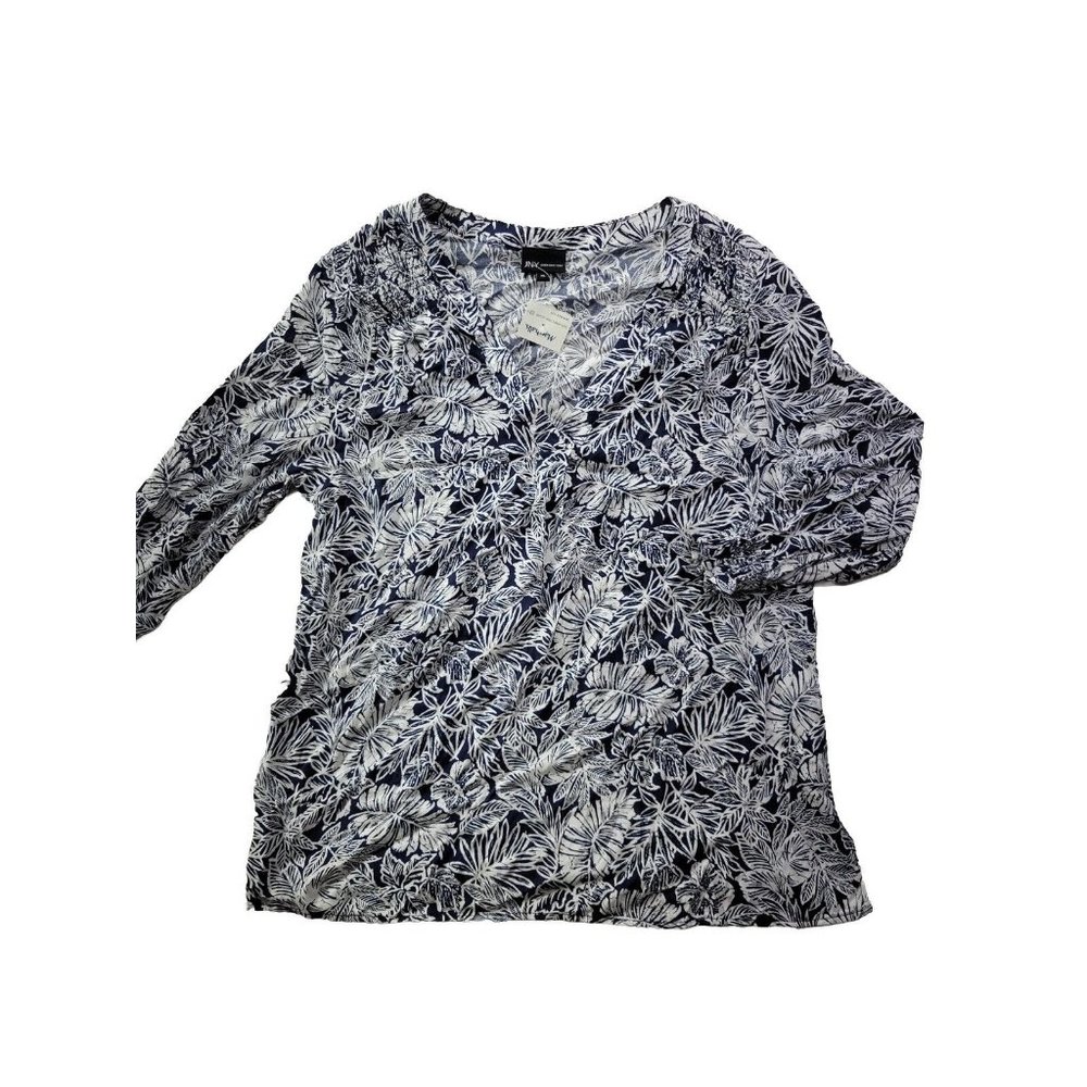 NEW - JNY Jones New York Women's XL Navy White Leaf Print Smocked Top V-Neck
